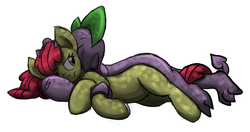 Size: 991x522 | Tagged: safe, artist:rannva, apple bloom, spike, dragon, earth pony, pony, g4, cuddling, cute, eyes closed, female, interspecies, male, older, on side, ship:spikebloom, shipping, sleeping, smiling, snuggling, straight