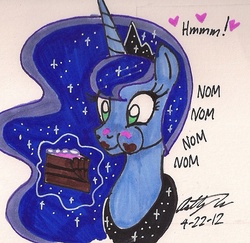 Size: 728x707 | Tagged: safe, artist:newyorkx3, princess luna, pony, g4, bust, cake, cute, dialogue, eating, female, heart, hungry, nom, puffy cheeks, solo, traditional art