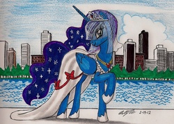 Size: 1334x956 | Tagged: safe, artist:newyorkx3, princess luna, alicorn, pony, g4, city, clothes, dress, female, raised hoof, solo, traditional art, wedding dress, wedding veil