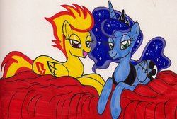 Size: 900x604 | Tagged: safe, artist:newyorkx3, princess luna, spitfire, g4, bedroom eyes, traditional art