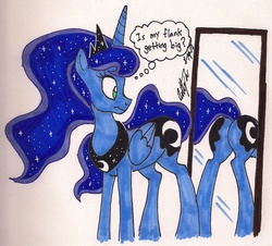 Size: 1336x1207 | Tagged: safe, artist:newyorkx3, princess luna, pony, g4, butt, dialogue, female, mirror, moonbutt, plot, reflection, solo, traditional art