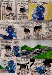 Size: 1469x2107 | Tagged: safe, artist:newyorkx3, princess luna, oc, oc:tommy, alicorn, human, pony, g4, car, comic, dialogue, drunk, drunk luna, female, hiccup, highway, male, mare, non-mlp oc, onomatopoeia, self insert, traditional art, vomiting