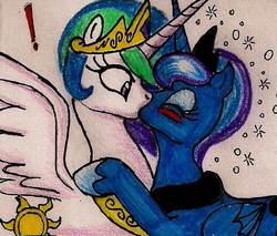 Size: 952x811 | Tagged: safe, artist:newyorkx3, princess celestia, princess luna, alicorn, pony, g4, blushing, drunk, drunk luna, duo, exclamation point, eyes closed, female, incest, kiss on the lips, kissing, lesbian, mare, ship:princest, shipping, spread wings, surprise kiss, surprised, traditional art, wings