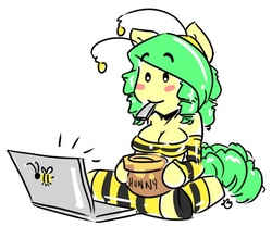 Size: 530x440 | Tagged: safe, artist:duckdraw, oc, oc only, oc:buzzy bee, anthro, ambiguous facial structure, ask, computer, honey, laptop computer