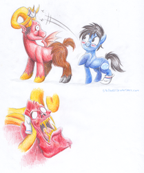Size: 835x1000 | Tagged: safe, artist:stepandy, :i, blushing, clothes, fangs, leo and satan, open mouth, ponified, puffy cheeks, raised hoof, smiling, socks, throwing, traditional art, wide eyes