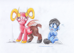 Size: 1000x710 | Tagged: safe, artist:stepandy, leo and satan, ponified, traditional art