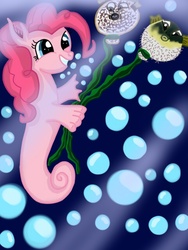 Size: 480x640 | Tagged: safe, artist:lawliet29, pinkie pie, fish, sea pony, g4, bubble, crepuscular rays, female, fin ears, fins, flowing mane, ocean, seaweed, smiling, sunlight, swimming, teeth, underwater, water