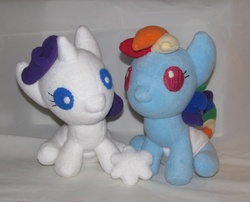 Size: 1812x1464 | Tagged: safe, artist:gypmina, rainbow dash, rarity, pegasus, pony, unicorn, g4, baby, baby pony, diaper, diapered plushie, duo, foal, horn, irl, photo, plushie, sitting