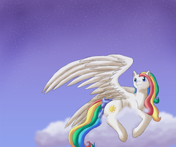 Size: 800x667 | Tagged: dead source, safe, artist:rikakitty, starshine, pegasus, pony, g1, blue background, bow, cloud, female, gradient background, large wings, looking at the sky, looking up, lying down, lying on a cloud, mare, night, night sky, on a cloud, simple background, sky, solo, spread wings, stars, tail, tail bow, turned head, wings