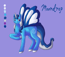 Size: 770x674 | Tagged: dead source, safe, artist:rikakitty, oc, oc only, butterfly pony, original species, butterfly wings, horn, purple background, raised hoof, reference sheet, simple background, solo