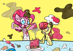 Size: 1277x899 | Tagged: safe, artist:lemon-heartss, apple bloom, pinkie pie, earth pony, pony, g4, apron, baking, cake, chef's hat, clothes, female, filly, foal, hat, mare