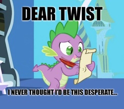 Size: 436x386 | Tagged: safe, edit, edited screencap, screencap, spike, twist, dragon, friendship is magic, g4, season 1, caption, image macro, letter, male, meme, quill, scroll, ship:spiketwist, spike's love letters, tongue out, twilight's canterlot home, window