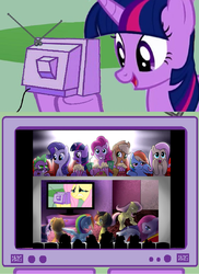 Size: 1012x1390 | Tagged: safe, applejack, fluttershy, pinkie pie, rainbow dash, rarity, spike, twilight sparkle, oc, oc:pauly sentry, pony, g4, background pony, cinema meme, exploitable meme, mane six, meme, memeception, sad movie meme, tv meme