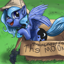 Size: 1200x1200 | Tagged: dead source, safe, artist:aphexangel, princess luna, alicorn, bat, pony, g4, aphexangel will make angels out of us, box, calvin and hobbes, cardboard box, cartographer's cap, cute, diabetes, female, filly, hat, hnnng, leaning, looking at you, looking up, lunabetes, open mouth, pony in a box, smiling, solo, spread wings, transmogrifier, weapons-grade cute, woona, younger