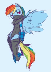 Size: 906x1280 | Tagged: safe, artist:florecentmoo, rainbow dash, g4, clothes, flying, light blue background, ninja, no catchlights, simple background, sketch, solo, spread wings, wings
