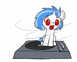 Size: 500x404 | Tagged: safe, artist:valcron, dj pon-3, vinyl scratch, pony, unicorn, g4, animated, cute, female, filly, foal, frame by frame, gif, open mouth, open smile, simple background, smiling, solo, spinning, turntable pony, vinylbetes, white background