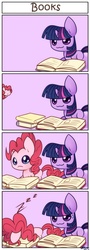 Size: 500x1390 | Tagged: safe, artist:solar-slash, pinkie pie, twilight sparkle, g4, :3, book, chibi, comic, onomatopoeia, reading, sleeping, sound effects, sweat, sweatdrop, zzz