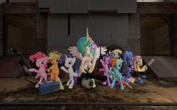 Size: 1680x1050 | Tagged: safe, artist:dragon0380, applejack, derpy hooves, fluttershy, pinkie pie, princess celestia, princess luna, rainbow dash, rarity, twilight sparkle, pegasus, pony, g4, 3d, female, gmod, mare, team fortress 2