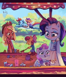Size: 3448x4024 | Tagged: safe, artist:holivi, apple bloom, applejack, rainbow dash, rarity, scootaloo, sweetie belle, earth pony, pegasus, unicorn, anthro, g4, apple sisters, belle sisters, clothes, cutie mark crusaders, female, filly, foal, letterboxing, siblings, sisters