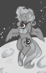 Size: 1220x1920 | Tagged: safe, artist:mlpfwb, princess luna, alicorn, pony, moonstuck, g4, bipedal, eyes closed, female, filly, grayscale, monochrome, moon, smiling, solo, space, woona, younger