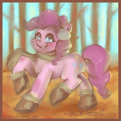Size: 900x898 | Tagged: safe, artist:busoni, pinkie pie, earth pony, pony, g4, autumn, clothes, hoof boots, scarf, solo