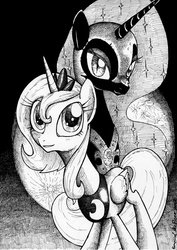 Size: 3455x4869 | Tagged: safe, artist:smellslikebeer, nightmare moon, princess luna, alicorn, pony, g4, black and white, crosshatch, duality, female, folded wings, grayscale, ink, looking at you, mare, monochrome, s1 luna, traditional art