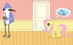 Size: 900x563 | Tagged: safe, artist:makinbaconpancakes, fluttershy, bird, blue jay, pegasus, pony, g4, crossover, female, male, mare, mordecai, regular show, this will end in tears, thought bubble