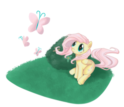 Size: 907x784 | Tagged: safe, artist:solvernia, fluttershy, butterfly, pegasus, pony, g4, bush, female, folded wings, looking at something, looking up, mare, partial background, simple background, sitting, solo, three quarter view, transparent background, wings