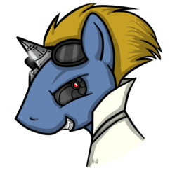 Size: 479x495 | Tagged: dead source, safe, artist:billieartcrap, oc, oc only, unnamed oc, cyborg, pony, unicorn, bust, fangs, goggles, portrait, profile, prosthetic eye, prosthetic horn, prosthetics