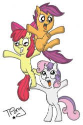 Size: 1010x1511 | Tagged: safe, artist:twitterfulpony, apple bloom, scootaloo, sweetie belle, earth pony, pegasus, pony, unicorn, g4, butt, cutie mark crusaders, female, filly, foal, open mouth, plot, scootabutt, simple background, transparent background
