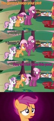 Size: 500x1119 | Tagged: safe, cheerilee, scootaloo, sweetie belle, g4, angst, boop, comic, disproportionate retribution