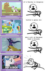 Size: 600x945 | Tagged: safe, fancypants, mare do well, rainbow dash, rarity, sweetie belle, tank, pony, g4, cereal guy, exploitable meme, meme, tv meme