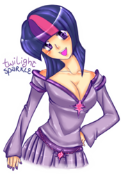 Size: 697x1000 | Tagged: safe, artist:captainkaddy, twilight sparkle, human, g4, cleavage, clothes, female, humanized, nail polish, skirt, solo