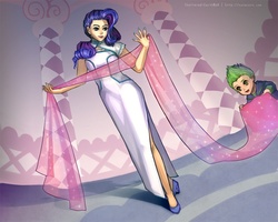 Size: 1050x840 | Tagged: safe, artist:shattered-earth, rarity, spike, g4, cheongsam, cloth, clothes, duo, high heels, humanized, shoes