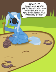 Size: 1210x1551 | Tagged: safe, artist:bryce-schroeder, trixie, pony, unicorn, g4, abuse, black sclera, comic, eyepatch, female, horseshoes, mare, sitting, solo, trixiebuse