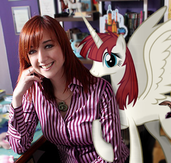 Size: 430x410 | Tagged: safe, artist:statoose, oc, oc:fausticorn, alicorn, human, pony, human ponidox, irl, irl human, lauren faust, looking at you, photo, ponies in real life, smiling, vector