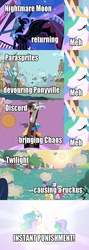 Size: 500x1404 | Tagged: safe, discord, nightmare moon, princess celestia, twilight sparkle, parasprite, g4, comic