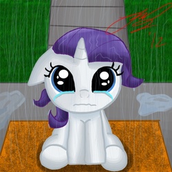 Size: 600x600 | Tagged: safe, artist:mileselectric, rarity, pony, g4, crying, female, filly, filly rarity, rain, sad, solo, wet mane, younger