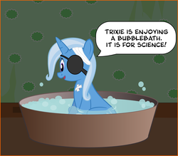 Size: 1233x1080 | Tagged: safe, artist:bryce-schroeder, trixie, pony, unicorn, g4, bandage, bath, eyepatch, female, horn, injured, mare, science, solo