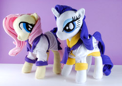 Size: 900x635 | Tagged: safe, artist:eveningarwen, fluttershy, rarity, pegasus, pony, unicorn, g4, bathrobe, clothes, irl, photo, plushie, robe