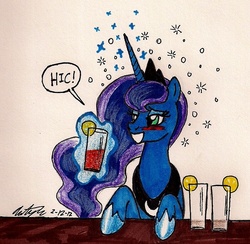 Size: 845x824 | Tagged: safe, artist:newyorkx3, princess luna, pony, g4, alcohol, blushing, dialogue, drunk, drunk luna, female, glass, hiccup, lemon, levitation, long island iced tea, magic, mare, onomatopoeia, solo, telekinesis, traditional art