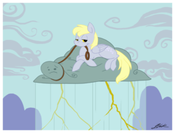 Size: 1055x800 | Tagged: safe, artist:caycowa, derpy hooves, pegasus, pony, g4, cloud, cloudy, female, leash, mare, pet