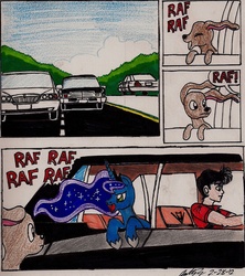 Size: 1139x1285 | Tagged: safe, artist:newyorkx3, princess luna, dog, human, pony, g4, barking, behaving like a dog, bored, cadillac, car, doggy luna, highway, lincoln (car), self insert, traditional art