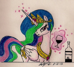 Size: 923x845 | Tagged: safe, artist:newyorkx3, princess celestia, alicorn, pony, g4, alcohol, bottle, classy, female, glass, solo, traditional art, whiskey