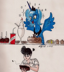 Size: 1240x1393 | Tagged: safe, artist:newyorkx3, princess luna, oc, oc:tommy, alicorn, human, pony, g4, cake, candy apple, comic, cookie, food, ice cream, muffin, non-mlp oc, pancakes, s1 luna, self insert, soda, traditional art