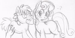 Size: 900x453 | Tagged: dead source, safe, artist:enigmaticfrustration, sweetie belle, truffle shuffle, earth pony, pony, unicorn, g4, colt, female, male, mouth hold, shipping, sketch, straight, sweetieshuffle