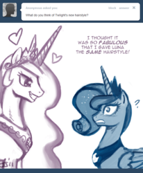 Size: 650x789 | Tagged: safe, artist:johnjoseco, princess celestia, princess luna, ask princess molestia, princess molestia, g4, alternate hairstyle, ask, comic