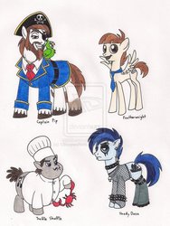 Size: 775x1030 | Tagged: dead source, safe, artist:13foxywolf666, featherweight, pipsqueak, shady daze, truffle shuffle, crab, parrot, g4, adult, chef's hat, colt, deviantart watermark, ear piercing, earring, eyepatch, eyeshadow, fishnet stockings, hat, jewelry, makeup, male, necktie, obtrusive watermark, older, piercing, pirate hat, spiked wristband, stallion, traditional art, watermark, wristband