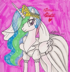 Size: 1061x1082 | Tagged: safe, artist:newyorkx3, princess celestia, alicorn, pony, g4, bride, clothes, dress, female, heart, solo, traditional art, wedding dress, wedding veil