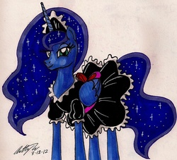 Size: 1198x1086 | Tagged: safe, artist:newyorkx3, princess luna, pony, g4, clothes, female, maid, solo, traditional art